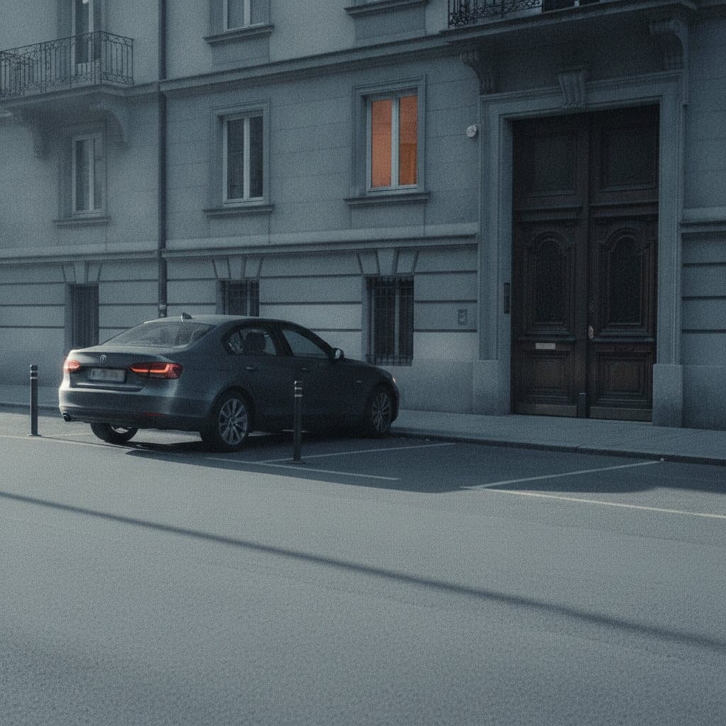 Dunkle Limousine mit leuchtenden Rückleuchten am Bordstein vor einem Altbau mit großem Holzportal.