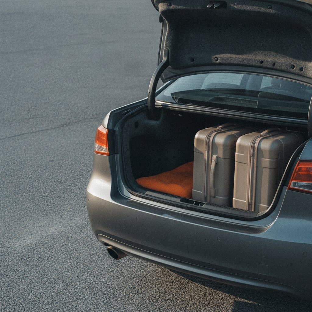Geöffneter Kofferraum einer grauen Limousine, darin zwei Hartschalenkoffer und eine orangefarbene Decke.