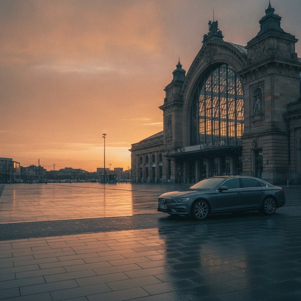 Weiter, nasser Vorplatz vor einem historischen Bahnhofsgebäude mit großer Glasfassade, davor eine dunkle Limousine.