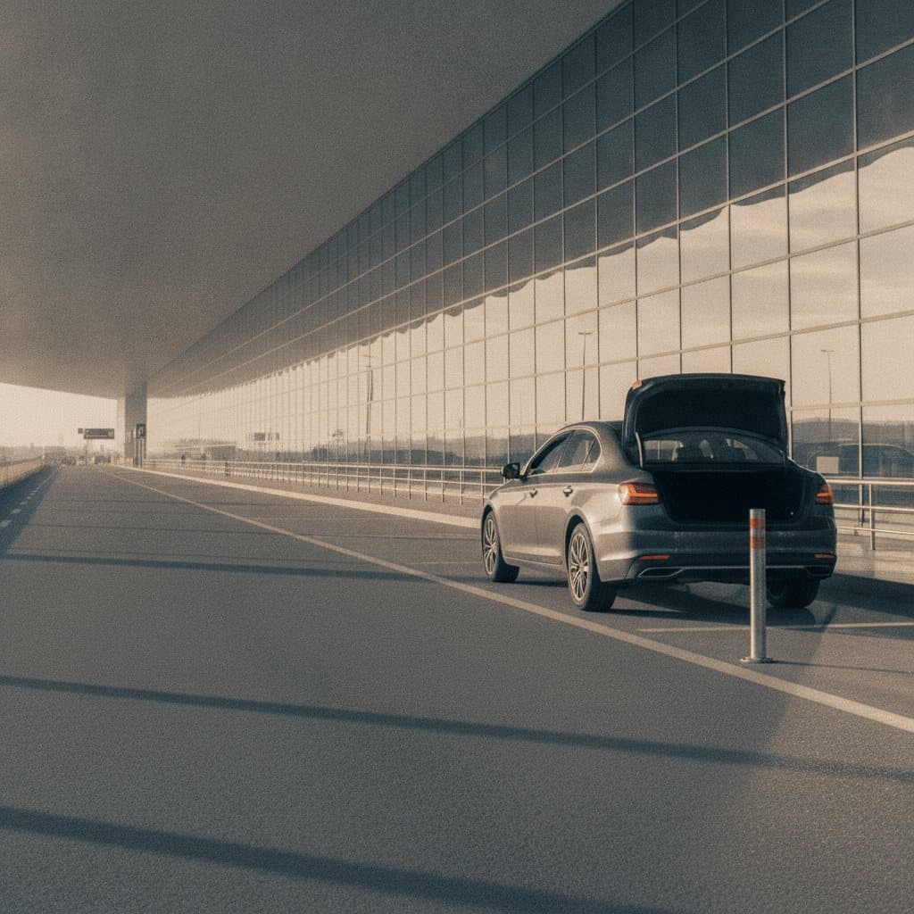Vorfahrt an einem Flughafenterminal mit langer Glasfassade, eine dunkle Limousine mit geöffneter Heckklappe am Bordstein.