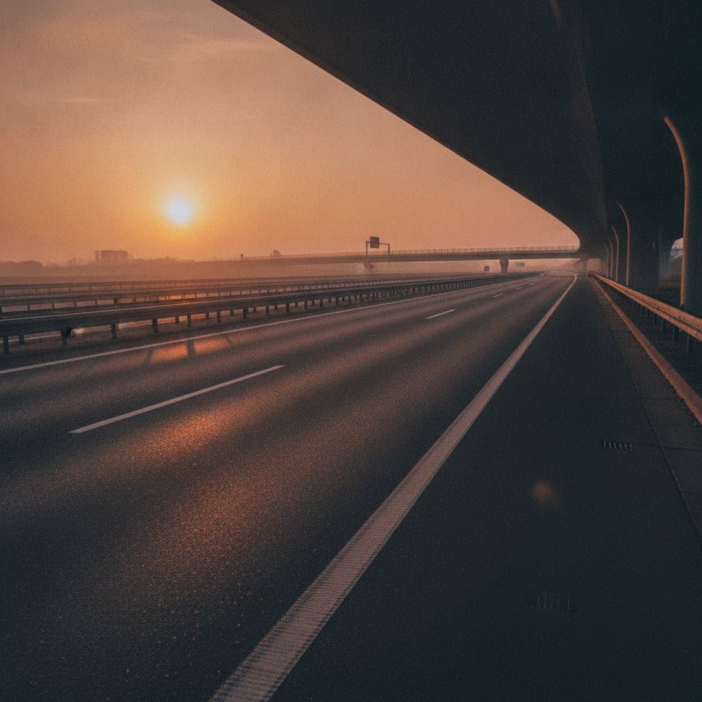 Leere Autobahn unter einer Brücke, Leitplanken und Fahrbahnmarkierungen laufen zum Horizont, tiefstehende Sonne im Dunst.