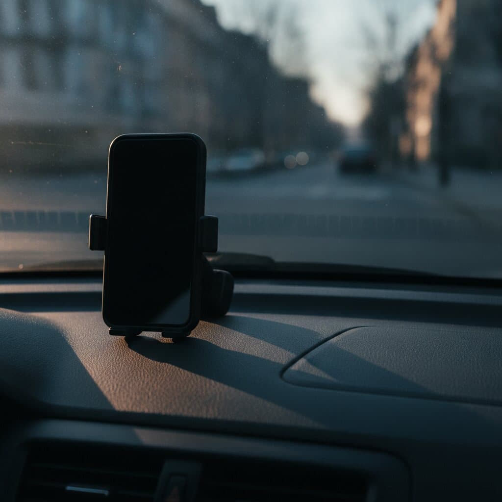 Smartphone mit dunklem Display in einer schlichten Halterung auf dem Armaturenbrett, dahinter unscharf eine Stadtstraße.