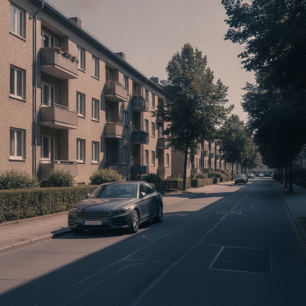 Ruhige Wohnstraße mit Mehrfamilienhäusern und Bäumen, eine dunkle Limousine steht am Bordstein.