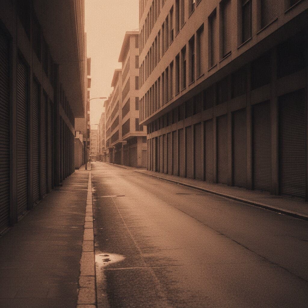Menschenleere Straße zwischen hohen Bürogebäuden, feuchter Asphalt, warmes Dunstlicht am Himmel.