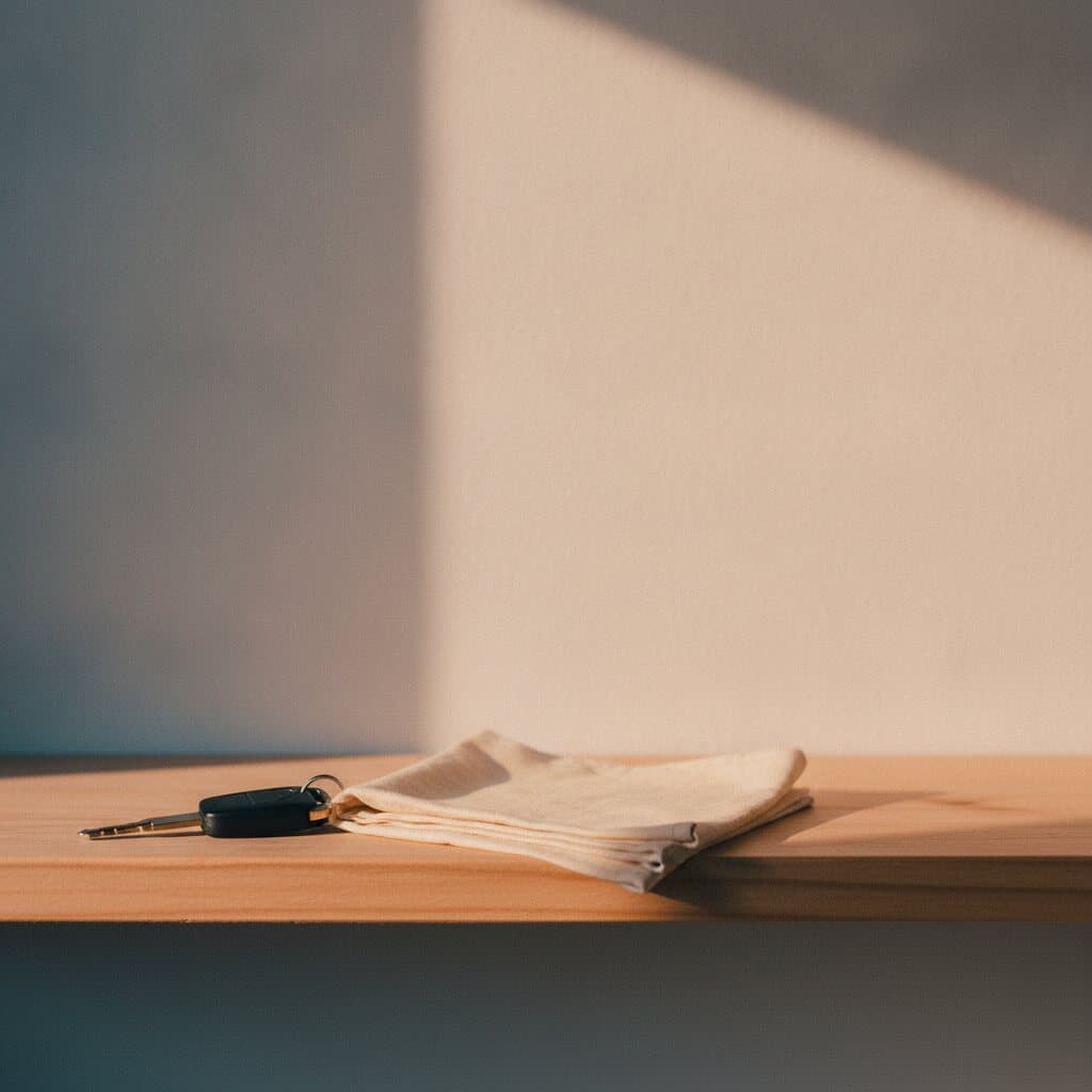 Ein einzelner Fahrzeugschlüssel und ein gefaltetes helles Tuch auf einer hölzernen Ablage, schräges Licht an der Wand.