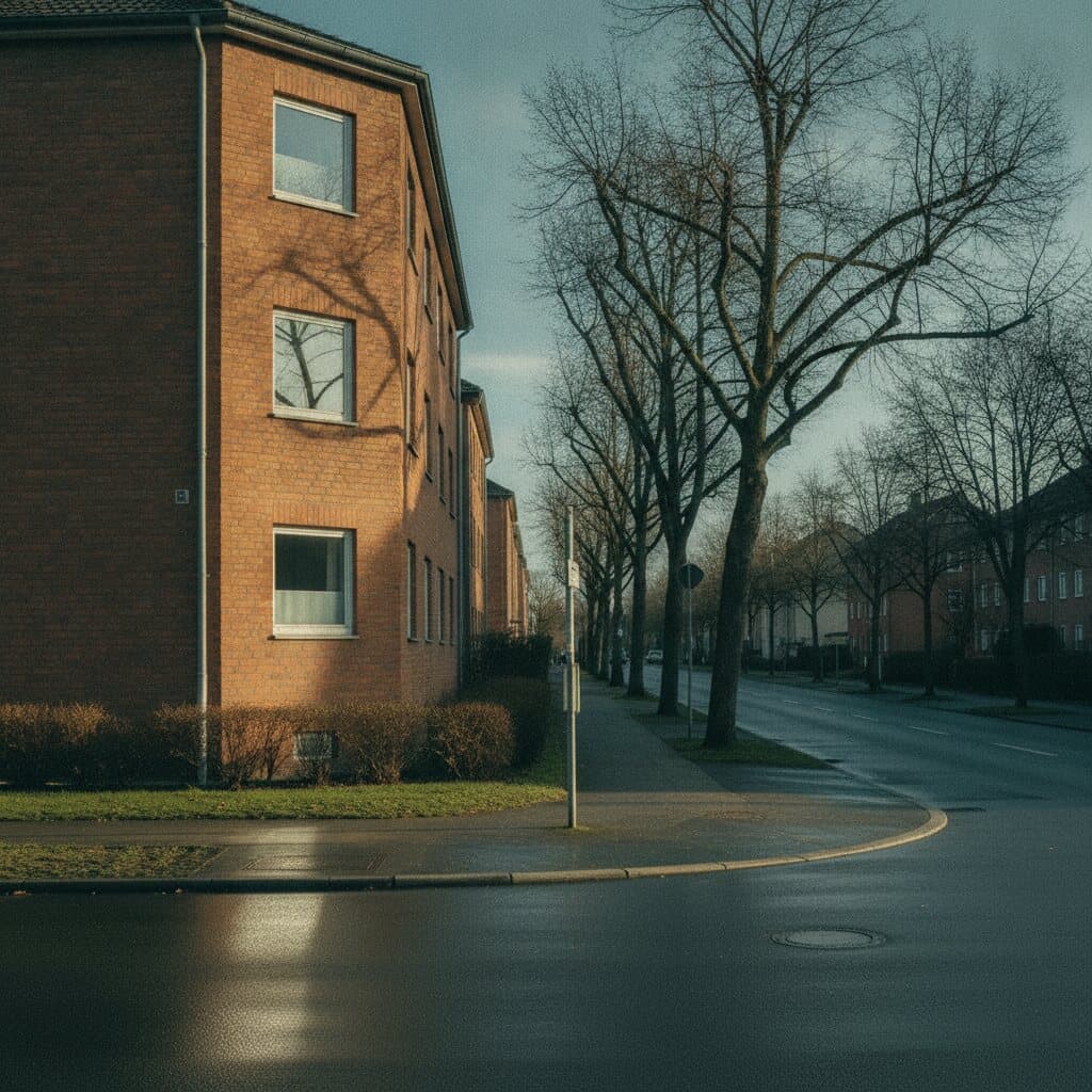 Straßenecke mit einem Backstein-Wohnhaus, kahle Bäume an einer leeren Straße, nasser Asphalt.