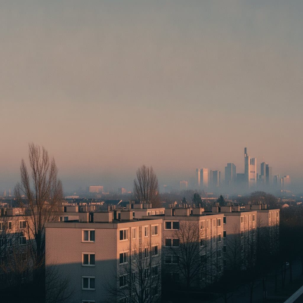 Hochhaus-Skyline im Dunst am Horizont, davor flache Wohnblocks und kahle Bäume.
